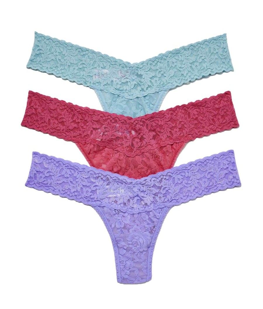 Hanky Panky Panties * | Signature Lace Original Rise Thong 3-Pack Cheap Hanky Panky Blue / Pink / Purple