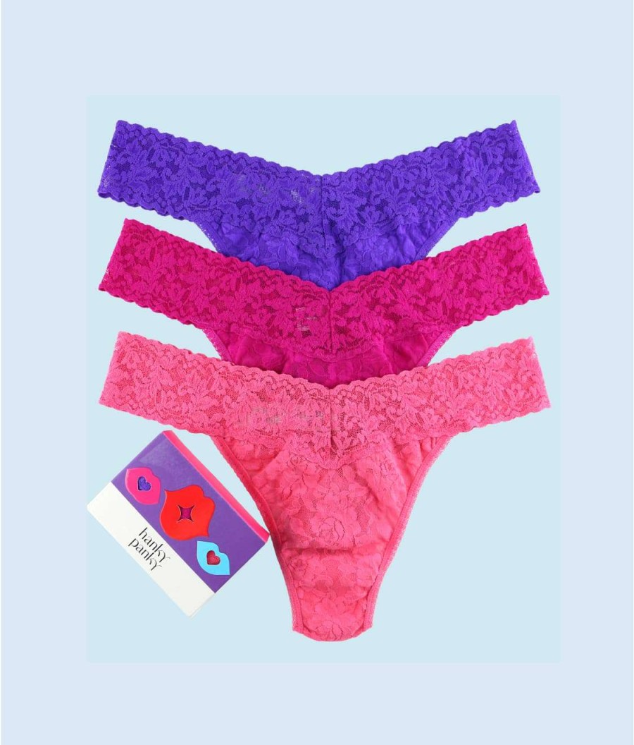 Hanky Panky Panties * | Signature Lace Original Rise Thong 3-Pack Discount Hanky Panky Purple / Ruby / Pink