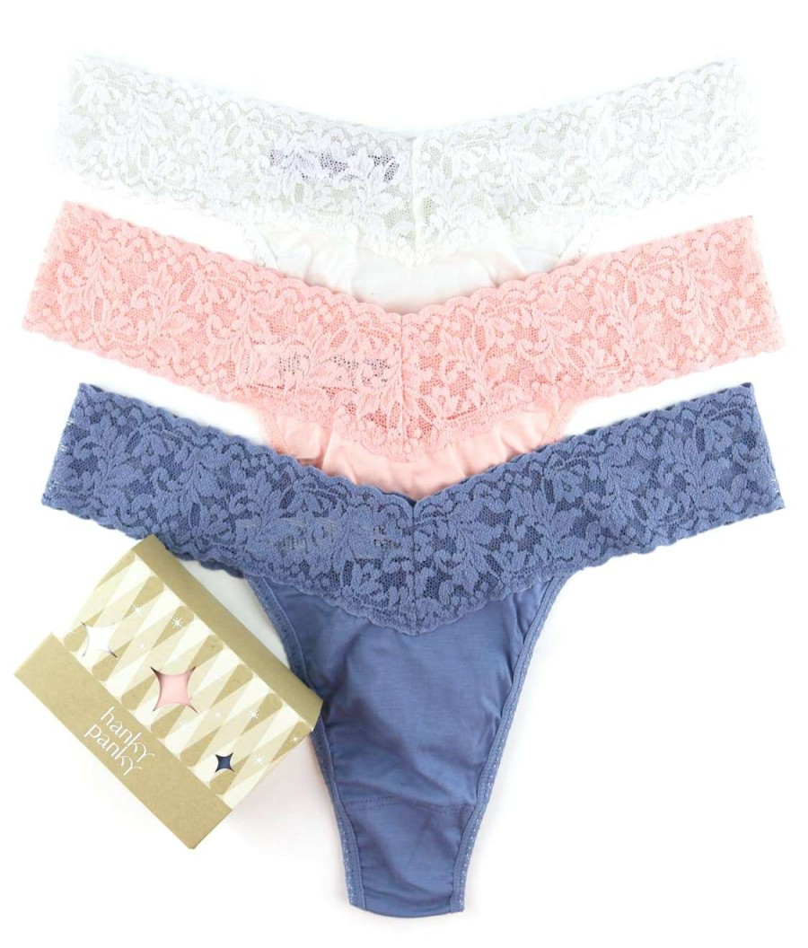 Hanky Panky Panties * | Supima Cotton Original Rise Thong 3-Pack Cheap Hanky Panky White/Pink/Indigo