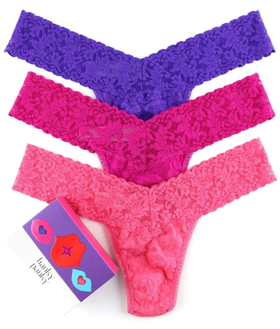 Hanky Panky Panties * | Signature Lace Low Rise Thong 3-Pack Online Hanky Panky Purple / Ruby / Pink